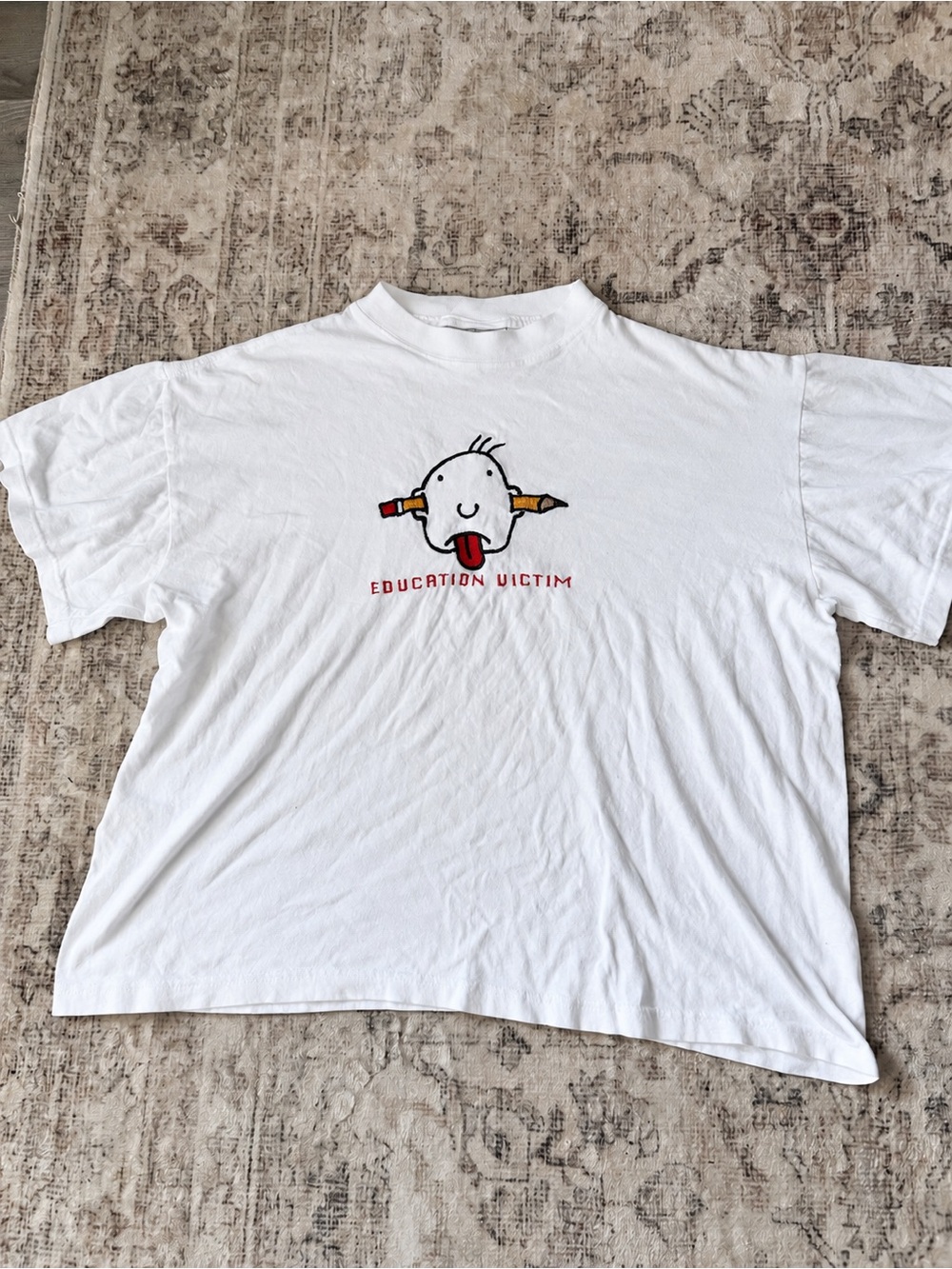 VINTAGE 90s Education Victim Graphic T-Shirt White Oversized Single Stitch Rare